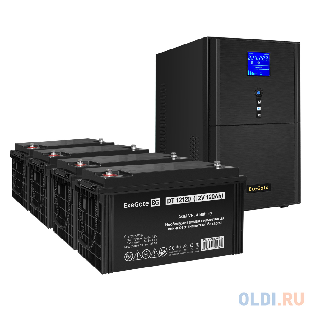 Комплект ИБП EX295990RUS + батарея 120Aч EX282988RUS 4шт (инвертор, синус, для котла) ExeGate SineTower SZ-3000.LCD.AVR.3SH.1C13.RJ.USB <3000VA/240