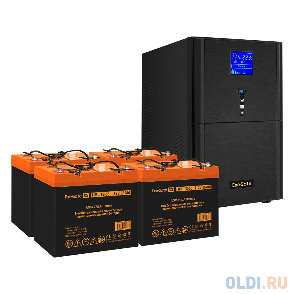 Комплект ИБП EX295991RUS + батарея 55Aч EX285652RUS 4шт (инвертор, синус, для котла) ExeGate SineTower SZ-5000.LCD.AVR.2SH.1C13.T.RJ.USB <5000VA/40