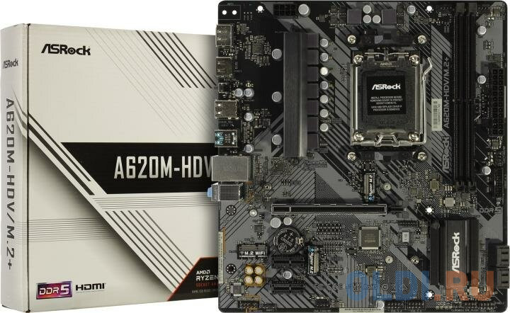 A620M-HDV/M.2+, Socket AM5, AMD A620, 2xDDR5-5200, HDMI+DP, 1xPCI-Ex16, 2xPCI-Ex1, 4xSATA3(RAID 0/1/10), 2xM.2, 8 Ch Audio, GLan, (2+4)xUSB2.0, (3+2)x