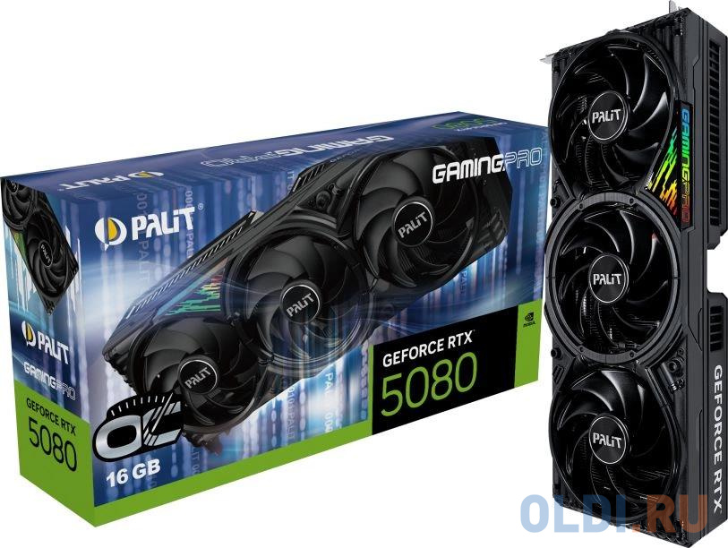 Видеокарты Palit  ОЛДИ Видеокарта Palit PCI-E PA-RTX5080 GAMINGPRO OC NVIDIA GeForce RTX 5080 16Gb 256bit GDDR7 2295/30000 HDMIx1 DPx3 HDCP Ret
