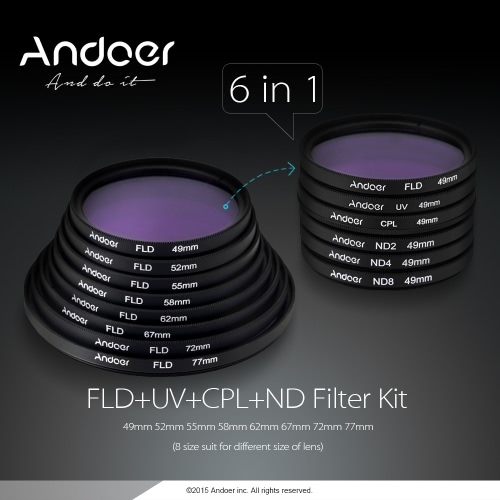 Andoer 58 мм UV + CPL + FLD + ND (ND2 ND4 ND8) Комплект для фотосъемки Комплект ультрафиолетового кругового поляризационного флуоресцентного нейтрального фильтра плотности для Nikon Canon Sony Pentax DSLR