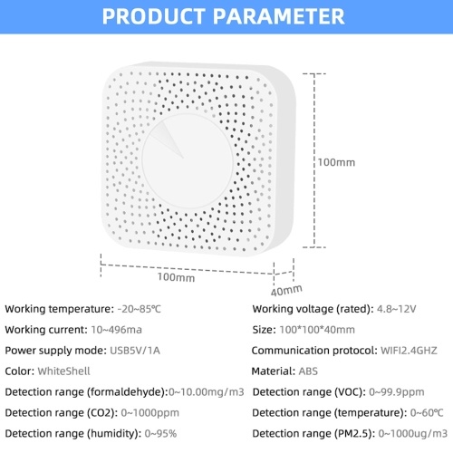 Tuya WiFi Intelligent Air Housekeeper 6-в-1 Монитор качества воздуха PM2,5 / формальдегид / TVOC / CO2 / датчик температуры / влажности для домашнего офиса