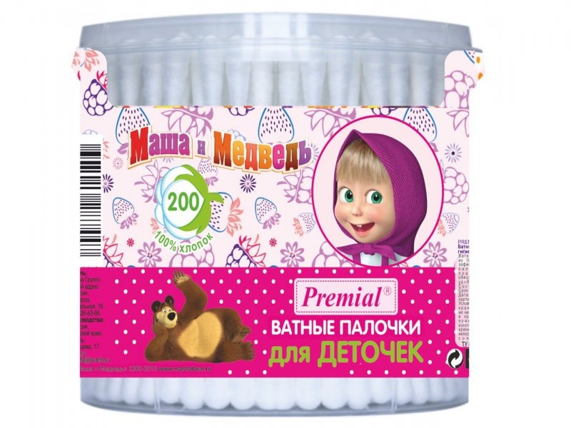 Палочки ватные Premial, Маша и Медведь цилиндр, 200 шт