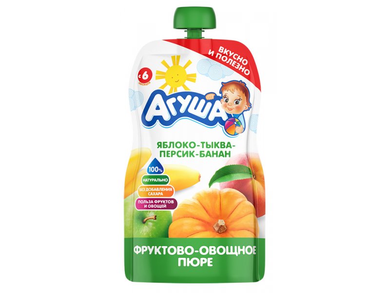 Пюре Агуша, Яблоко, тыква, персик, банан 90 г, пауч
