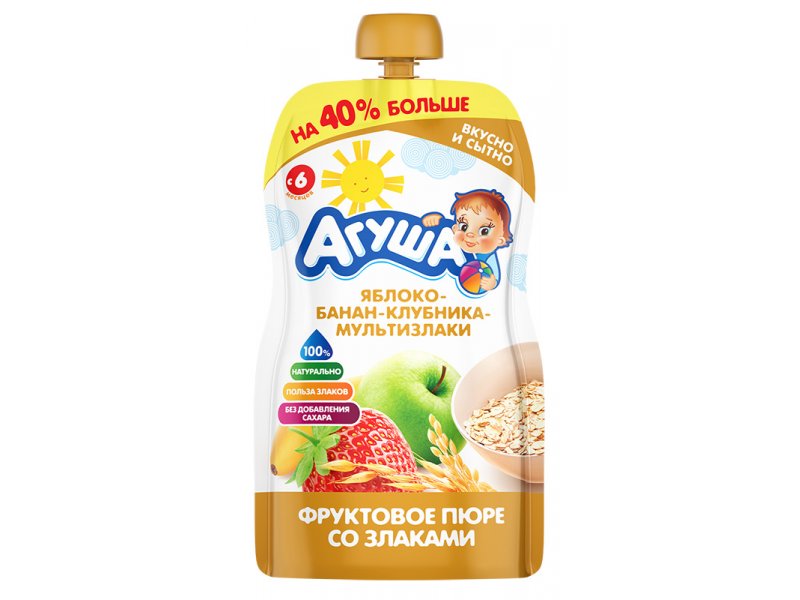 Пюре Агуша, Яблоко, банан, клубника, злаки 130 г,пауч