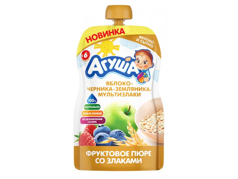 Пюре Агуша, Яблоко, черника, земляника, злаки 90 г, пауч