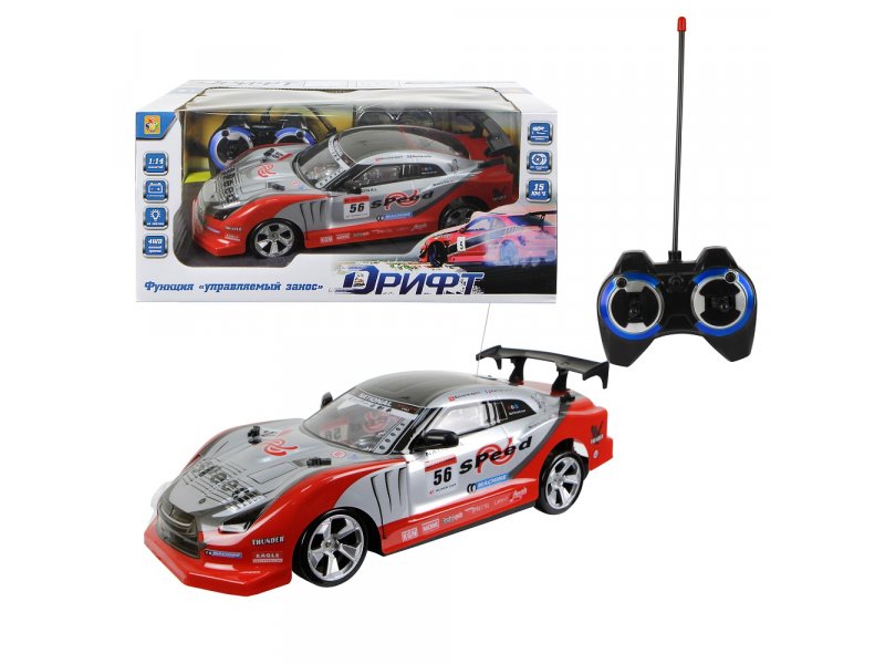   ВотОнЯ Игрушка 1Toy Дрифт Машина на р/у, 27 МГц, 4 канала,  АКБ , дрифт., 2 компл. покрышек, 1:14 красный