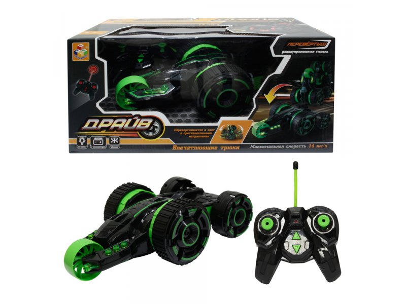 Радиоуправляемый транспорт  ВотОнЯ Игрушка 1Toy Драйв, трюковая машина-перевёртыш на р/у, 27MHz, со светом, с АКБ зеленый