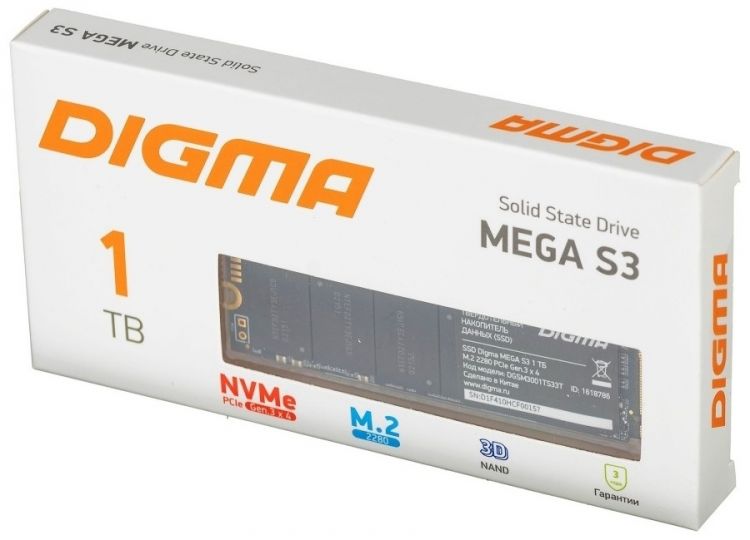 SSD Digma  Xcom-Shop Накопитель SSD M.2 2280 Digma MEGA S3 DGSM3001TS33T 1TB, 3D NAND TLC, 2080 МБ/с/1700 МБ/с, PCI-E x4, NVMe, rtl