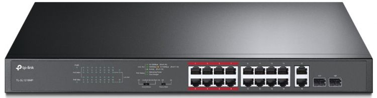 Коммутатор PoE TP-LINK TL-SL1218MP 16 х RJ45 10/100 Мбит/с + 2 SFP-слота, поддержка 802.3at/af, до 192 Ватт питание по PoE, монтируемый в 19 стойку