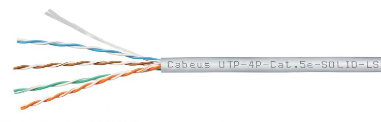  Кабель витая пара U/UTP 5e кат. 4 пары Cabeus UTP-4P-Cat.5e-SOLID-LSZH-GY-100 (24 AWG), одножильный, серый, LSZH, нг(А)-HF, (100 м)