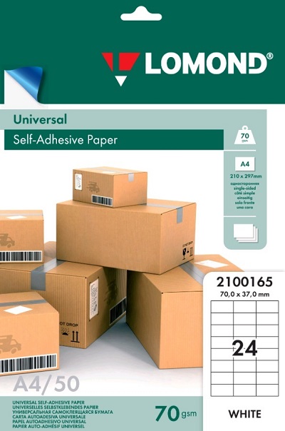 Бумага Lomond 2100165ТЕХ самоклеящаяся, универсальная для этикеток, A4, 24 делен. (70 x 37 мм), 70 г/м2, 1650 листов