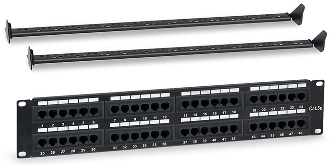 Патч-панель WRLine WR-PL-48-C5E-D 19 (2U), 48 портов RJ-45, категория 5e, Dual IDC, с задним кабельным организатором, цвет черный