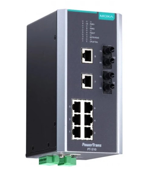 Коммутатор управляемый MOXA PT-510-MM-ST-24 DIN-Rail switch, 8 x 10/100BaseT(X), 2 x 100BaseFX MM, ST connectors, 1 power