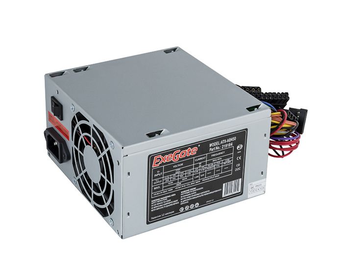 Блок питания ATX Exegate AB450 EX219184RUS-PC 450W, PC, 8cm fan, 24p+4p, 3*SATA, 2*IDE, FDD + кабель 220V в комплекте