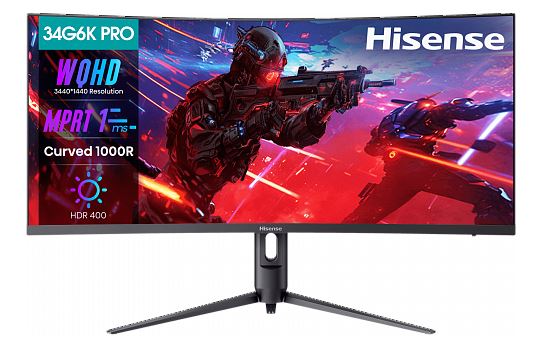 Монитор 34 Hisense 34G6K-PRO 3440x1440 LED, 21:9, VA, 280cd, 4000:1, 1ms, 178/178, DP, 2*HDMI, 180Hz, сurved R1000, Speakers, VESA 75x75, black