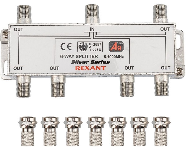 Сплиттер Rexant 05-6104 ТВ краб x 6 + 7шт. F BOX 5-1000 МГц Silver