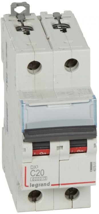 Автоматический выключатель Legrand 407801 DX³ 6000 - 10 кА - тип характеристики C, 2П, 230/400 В~, 20 А, 2 модуля