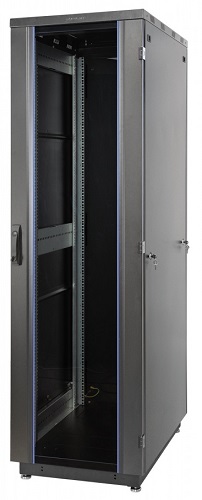 Шкаф напольный 19, 47U Eurolan 60F-47-6A-31BL Racknet S3000 600 × 1000, передняя дверь стеклянная одностворчатая, задняя дверь металлическая одноство