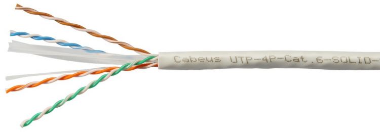 Кабель витая пара U/UTP 6 кат. 4 пары Cabeus UTP-4P-Cat.6-SOLID-GY-100 (23 AWG), одножильный, PVC нг(А)-LS, серый (100 м)