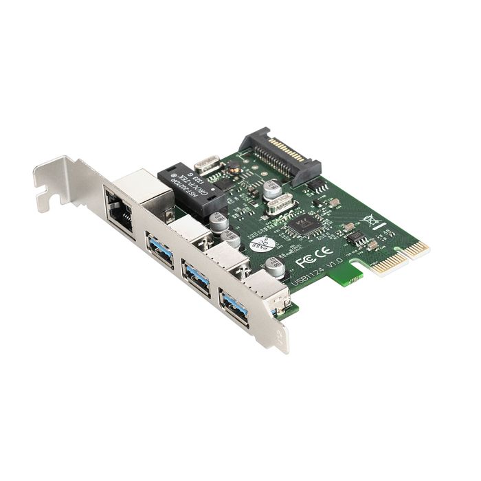 Контроллер Exegate EXE-361 EX283714RUS PCI-E 2.0, 3*USB3.0 ext + LAN UTP 1000Mbps, раз.доп.пит.(OEM)