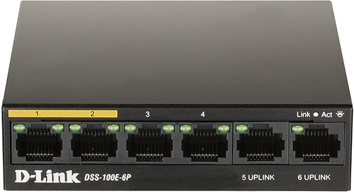 Коммутатор неуправляемый D-link DSS-100E-6P/A1A 6x10/100Base-TX (4 порта PoE 802.3af/at, PoE‐бюджет 55 Вт, дальность до 250 м)