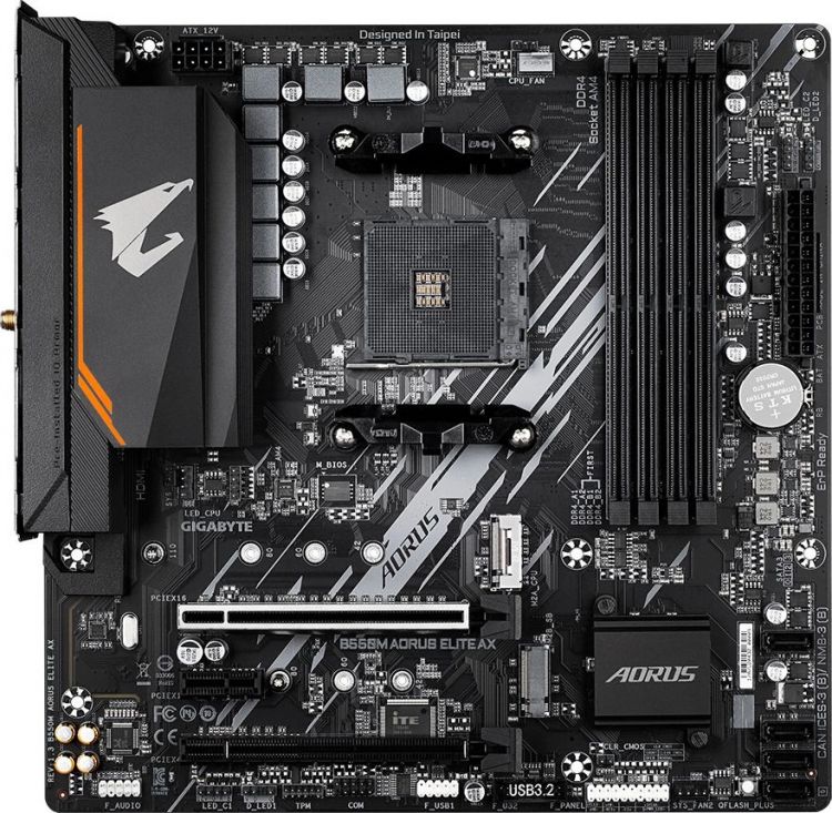 Материнская плата mATX GIGABYTE B550M AORUS ELITE AX (AM4, 4*DDR4(3200), 4*SATA RAID, 2*M.2, 3*PCIe, Glan, DVI, HDMI, 4*USB 2.0, 4*USB 3.0)