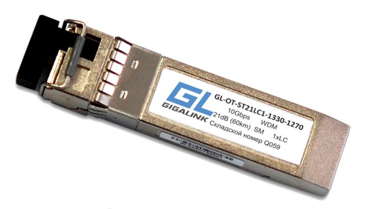 Модуль SFP+ GIGALINK GL-OT-ST12LC1-1330-1270 SFP+, WDM, 10Гбит/с, одно волокно, SM, LC, Tx:1330/Rx:1270 нм, 12 дБ (до 20 км) DDM