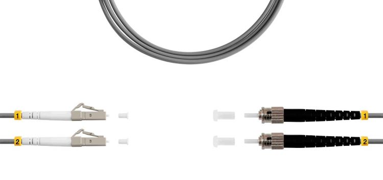 Патч-корд волоконно-оптический TELCORD ШОС-2x3.0-2LC/U-2ST/U-MM62-3м-LSZH-GY duplex LC/UPC-ST/UPC, MM 62,5/125 (OM1), 3.0 мм, LSZH, 3м