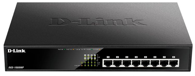 Коммутатор PoE D-link DGS-1008MP/B1A 8x 10/100/1000Base-T PoE 802.3af/802.3at(30 Вт, PoE‑бюджет 125 Вт), функцией энергосбережения и поддержкой QoS