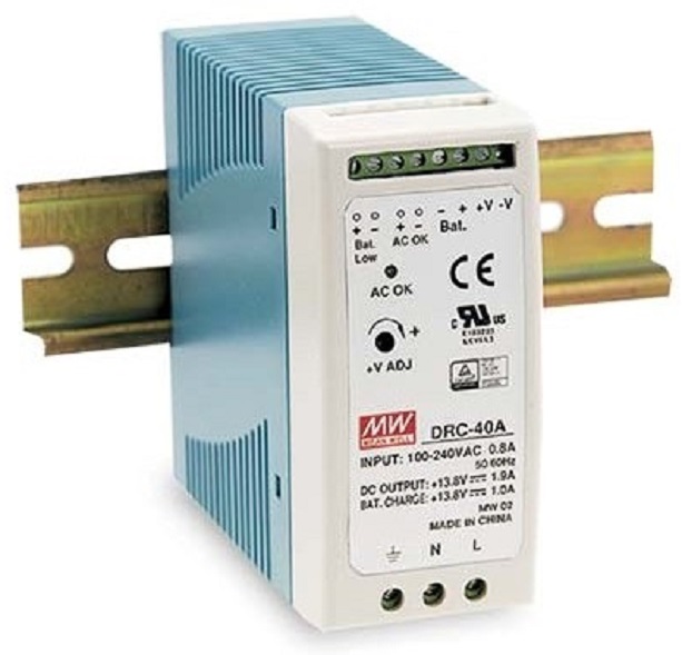 Преобразователь AC-DC сетевой Mean Well DRC-40B функция UPS, P вых: 40 Вт; Выход: 27.6 В; U1: 24...30 В; I1: до 950 мА; Стабилизация: напряжение; Вход