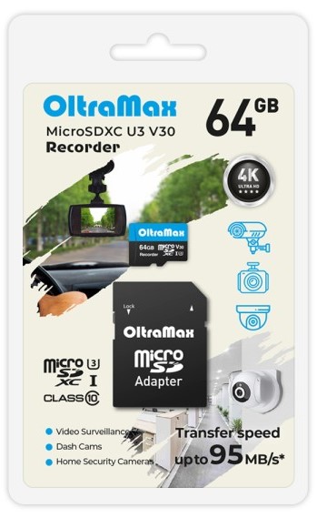 Карта памяти MicroSDXC 64GB OltraMax OM64GCSDXC10-U3-V30 Class 10 Recorder UHS-I U3 V30 (95 Mb/s) + SD адаптер