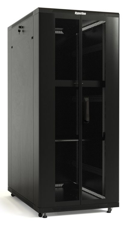   Xcom-Shop Шкаф напольный 19, 42U Hyperline TTBR-4266-DD-RAL9004 передняя и задняя распашные перфорированные двери (75%), ручка с замком, крыша нового типа, чер