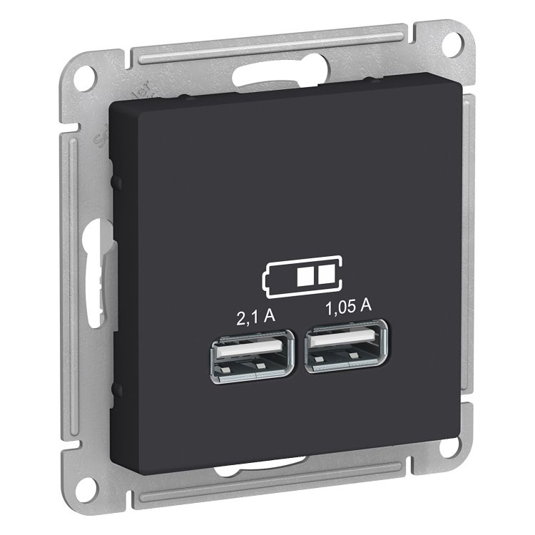 Розетка Systeme Electric ATN001033 AtlasDesign, USB, 5В, 1 порт x 2.1 А, 2 порта х 1.05 А, механизм, карбон