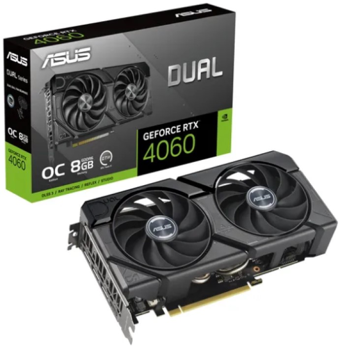 Видеокарта PCI-E ASUS GeForce RTX 4060 (DUAL-RTX4060-O8G-V2) 8GB GDDR6 128bit 1830/17000MHz 5nm HDMI/3*DP