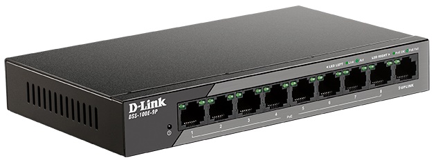 Коммутатор неуправляемый D-link DSS-100E-9P/B1A 8x10/100Base-TX PoE (PoE‐бюджет 92Вт, дальность до 250м), 1x10/100/1000Base-T