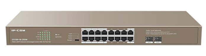  Коммутатор неуправляемый IP-Com G1118P-16-250W 16*100/1000 Мбит/с Base-T RJ45 (данные/питание), 2*1000 Mbps Base-X SFP port