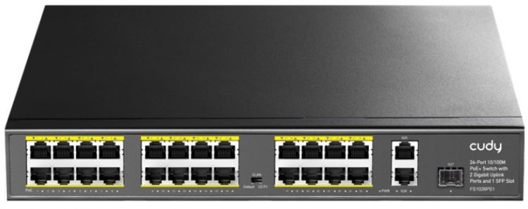 Коммутатор неуправляемый Cudy FS1026PS1 24-Port 10/100M PSE RJ-45 +2 Gigabit RJ- 45 +1SFP Port with 24 POE Ports with Built-in power supply, support 1