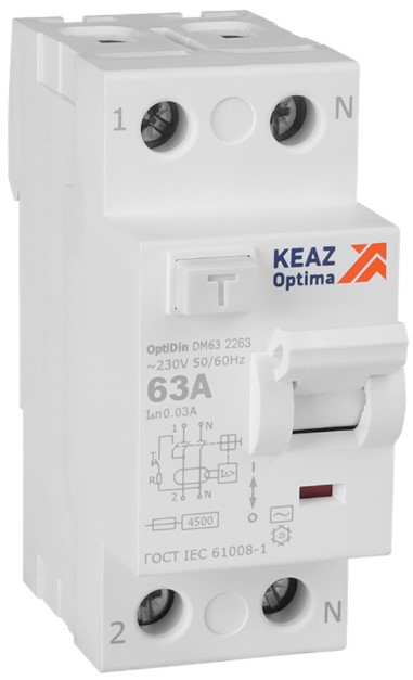 УЗО КЭАЗ 343890 OptiDin DM63-2263-AC-4,5-УХЛ4 2P 63A 30mA