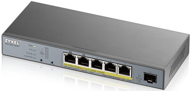 Коммутатор PoE ZYXEL GS1350-6HP для IP-видеокамер, 4xGE PoE+, 1xGE PoE++ (802.3bt), 1xSFP, бюджет PoE 60 Вт, дальность передачи питания до 250 м