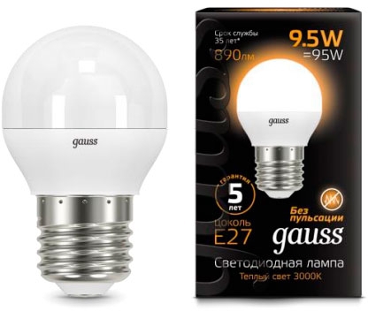 Лампа светодиодная Gauss 105102110 LED Шар E27 9.5W 890lm 3000K