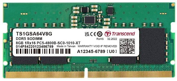 Модуль памяти SODIMM DDR5 8GB Transcend TS1GSA64V8G PC5-38400 4800MHz 1Rx16 1Gx16 CL40 1.1V 262 pin