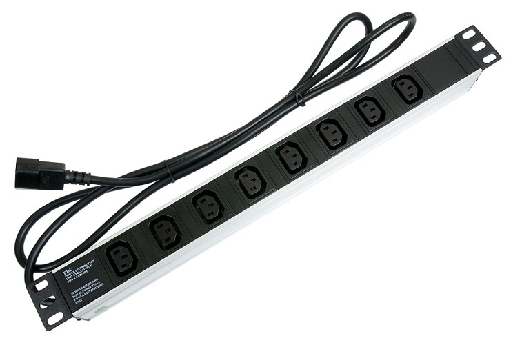 Блок розеток 19, 8 розеток Cabeus PDU-8I-2IEC для 19 шкафов, горизонтальный, IEC 320, 10 A, без выключателя, алюминиевый корпус, шнур 2 м, вилка IEC