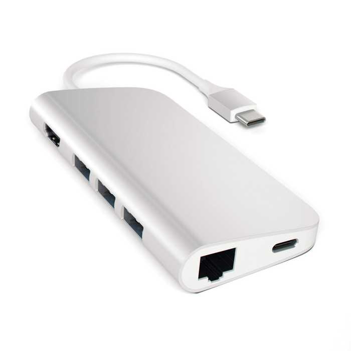 Концентратор Satechi Aluminum Multi-Port Adapter 4K ST-TCMAS интерфейс USB-C. Порты: USB Type-C, 3хUSB 3.0, 4K HDMI, Ethernet RJ-45, SD / micro-SD, се