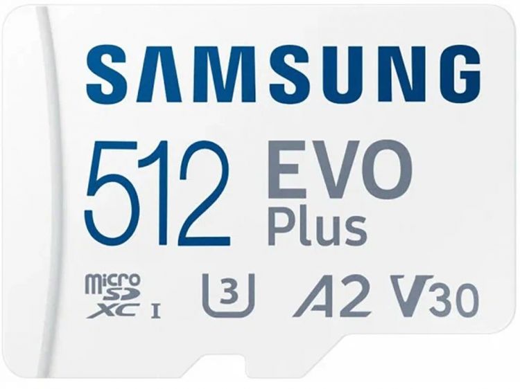 Карта памяти MicroSDXC 512GB Samsung MB-MC512SA/KR EVO Plus Class 10, A2, V30, UHS-I (U3), W 90 МБ/с, R 160 МБ/с