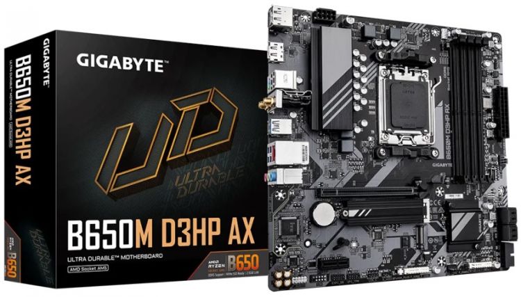   Xcom-Shop Материнская плата mATX GIGABYTE B650M D3HP AX (AM5, AMD B650, 4*DDR5 (7600), 4*SATA 6G RAID, 2*M.2, 2*PCIE, 2.5Glan, WiFi, BT, HDMI, 2*BT, USB Type-C,