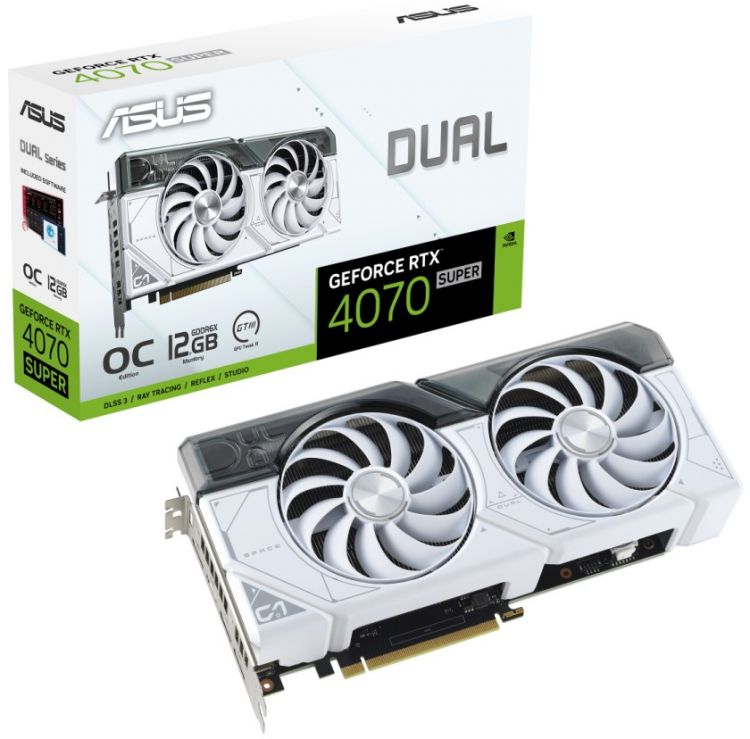 Видеокарта PCI-E ASUS GeForce RTX 4070 SUPER (DUAL-RTX4070S-O12G-WHITE) 90YV0K84-M0NA00 12GB GDDR6X 192bit 5nm 1920/21000MHz HDMI/3*DP