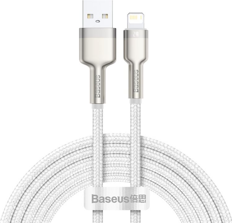 Кабель интерфейсный Baseus CALJK-B02 USB Type A - Lightning 2.4A 2m, цинковый сплав + нейлоновая оплётка, white