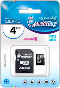 Карта памяти MicroSDHC 4GB SmartBuy SB4GBSDCL10-01 class 10 (SD адаптер)