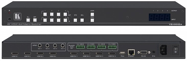 Коммутатор матричный Kramer VS-44H2A 20-80445030 19 Rack 4х4 HDMI с деэмбедированием звука, поддержка 4K60 4:4:4